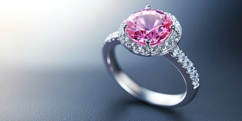 Poster - Elegant diamond ring showcasing a vibrant pink gemstone with a smooth background ideal for text placement and luxurious presentation.