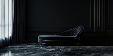 Poster - Elegant dark lounge interior with a stylish chaise sofa and ample copy space for text in a chic and sophisticated setting