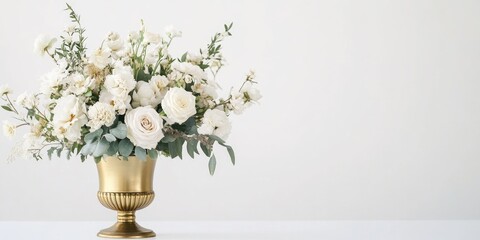 Aufkleber - Elegant white floral arrangement in gold vase with ample empty space for text on a soft white background