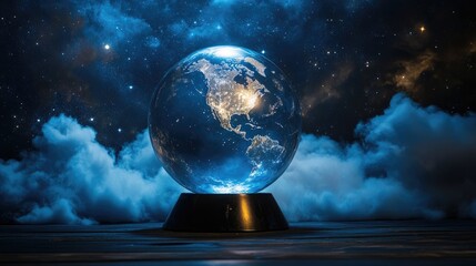 Aufkleber - Celestial globe glowing under moonlight with clouds and stars enhancing a serene cosmic atmosphere in the evening sky