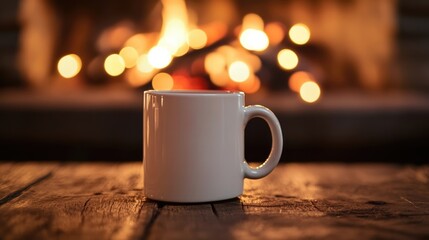 Poster - Cozy coffee mug on wooden table by fireplace with bokeh lights for winter celebration branding space and holiday warmth concept