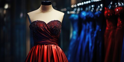 Poster - Elegant red evening gown showcased in high-end boutique with vibrant dresses in background and ample space for promotional text.