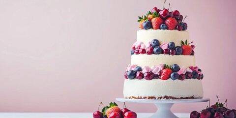 Aufkleber - Elegant tiered cake decorated with fresh strawberries blueberries and cherries on a soft pastel background with space for text or message.