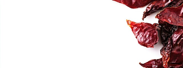Poster - Dried Chili Peppers on White Background with Copy Space for Text Culinary Spice Ingredient or Cooking Concept