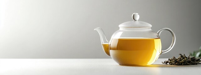 Poster - Dried organic green tea in a glass teapot on a white kitchen table with blank space for text or product advertisement
