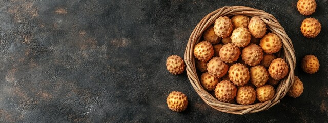 Leinwandbilder - Dried Longan Fruit in a Basket on Dark Table Surface with Copy Space for Text or Branding