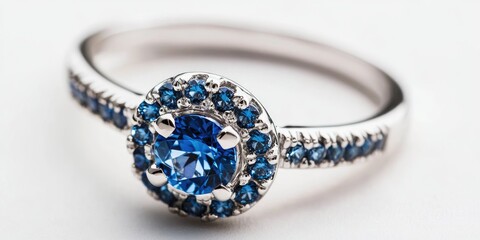 Poster - Elegant blue gemstone diamond ring with intricate design on white background for luxury jewelry promotion and advertising.