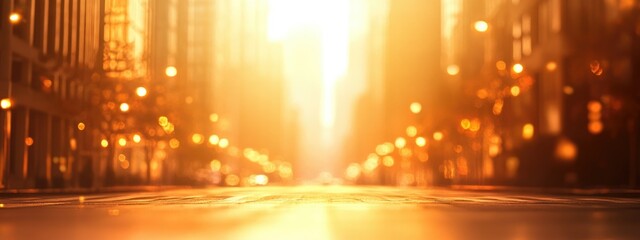 Poster - Sunrise cityscape with warm sunlight illuminating a blurred urban business district and ample empty space for overlay text or branding