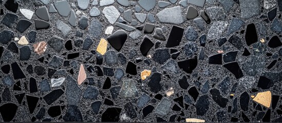 Leinwandbilder - Black Reflective Glass Tile on Dark Cement Terrazzo Texture with Panoramic View and Empty Copyspace for Text Display and Design Background