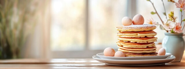 Poster - Easter brunch table featuring a stack of pancakes with spring decorations and flowers, providing empty space for text placement.