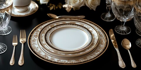 Poster - Elegant Dining Table Setup with Exquisite Cutlery and Tableware Featuring Space for Custom Text or Branding