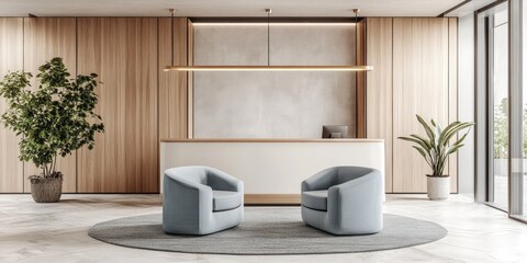 Fototapete - Modern dental office interior featuring stylish furniture and serene design with ample empty space for promotional text and branding.