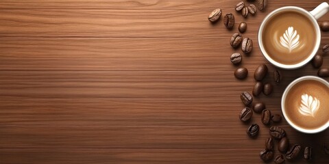 Poster - Elegant espresso coffee with latte art and roasted coffee beans on a polished wooden table with ample space for text and branding.