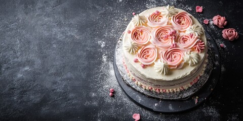 Poster - Elegant Father's Day cake decorated with pink roses and a textured surface, featuring a space for custom text or greetings.