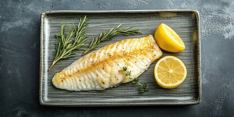Poster - Elegant flounder dish garnished with lemon and fresh herbs on a stylish rectangular plate with space for text or menu description.