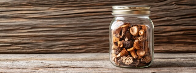 Poster - Dried Mushrooms in Glass Jar on Rustic Wooden Surface with Space for Custom Text or Branding