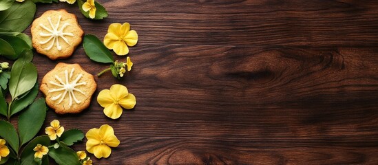 Poster - Holiday Banner Background Featuring Cookies and Lemon Geranium Flowers on Rosewood Table with Copy Space for Seasonal Text or Messages