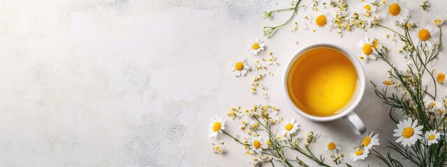 Aufkleber - Aromatic Dried Chamomile Tea with Wild Grass Blossoms and Empty Space for Text on a Light Background