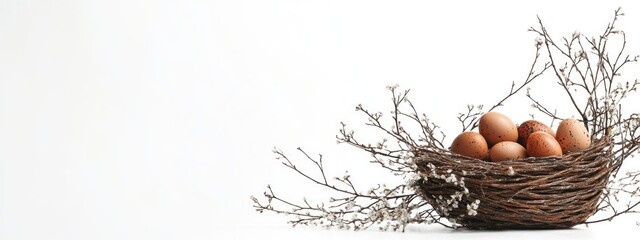 Aufkleber - Easter Eggs Nestled in a Rustic Basket Surrounded by Blooming Branches on a White Background with Blank Space for Custom Text