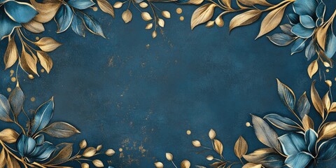 Aufkleber - Elegant Floral Frame featuring Rich Blue and Gold Accents with Ample Copy Space for Text or Branding Elements