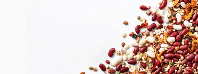 Poster - Dried kidney beans and mixed legumes arranged on white background with space for text showcasing healthy food ingredients.