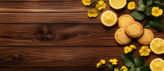 Poster - Cookies and Lemon Geranium Flowers on Rosewood Table with Empty Space for Text in Holiday Celebration Theme Flat Lay Top View