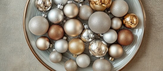 Aufkleber - Elegant top view of a decorative plate filled with silver and gold Christmas ornaments with ample empty space for festive text or messages