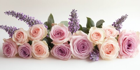 Aufkleber - Elegant floral display featuring soft pink and lavender roses with fresh greenery and purple accents on a light background for text placement.