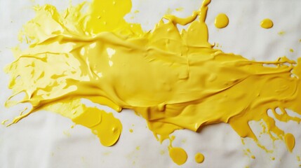 Aufkleber - Vibrant yellow paint spill on white fabric abstract textured background showcasing artistic grunge splatter and colorful paint patterns.