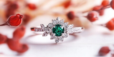 Poster - Elegant emerald and diamond ring with floral details showcasing a brilliant green center surrounded by shimmering gems on a softly blurred background