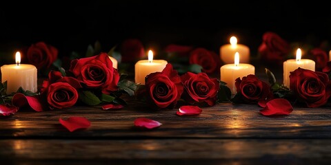 Aufkleber - Elegant dinner party setup featuring red roses and candles against a dark background with ample copy space for personalized text.