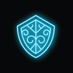 Poster - Blue neon shield glowing on black background representing safety, security and defense