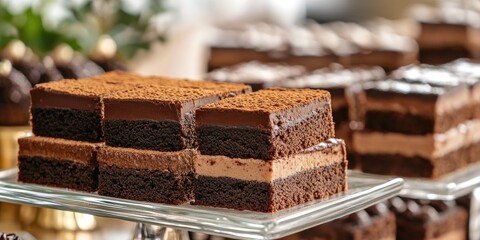 Aufkleber - Elegant Layered Fudge Brownie Dessert Display with Copy Space for Text in a Gourmet Setting