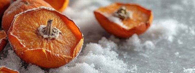 Aufkleber - Dried Persimmon Fruits on Snowy Surface with Empty Space for Text or Design Elements
