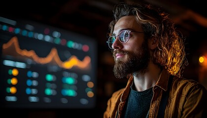 Aufkleber - Young man with glasses gazes at digital financial data display