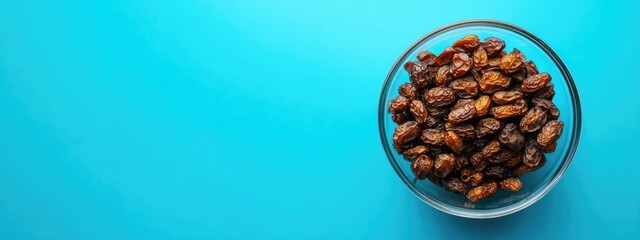 Aufkleber - Dried dates in a clear bowl on a vibrant blue background with ample space for text or branding elements