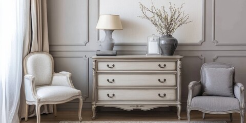 Aufkleber - Elegant French Dressers in Chic Home Decor with Empty Space for Custom Text and Stylish Furniture Arrangement