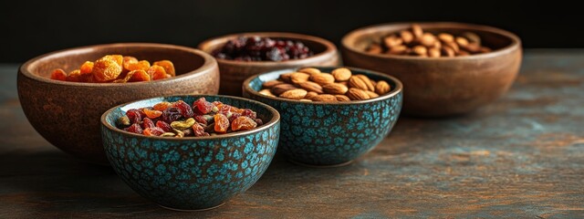Leinwandbilder - Dried fruits and nuts in decorative bowls on rustic background with empty copy space for text in healthy snack concept