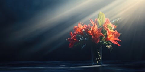 Leinwandbilder - Elegant flower bouquet in soft morning light with a dark background and ample copy space for creative text or messages.