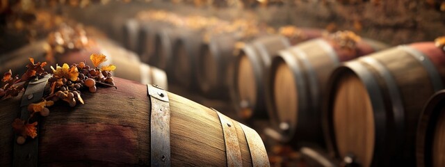 Poster - Dried vines resting on wooden wine barrels in a rustic cellar with ambient lighting and space for overlay text or branding