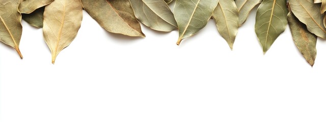 Aufkleber - Dried bay leaves arranged on a white background offering ample empty space for text or culinary design purposes.