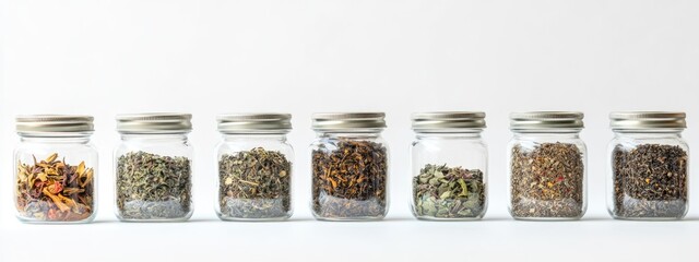 Aufkleber - Dried herbal tea leaves in glass jars on white backdrop with ample space for text and branding in a clean, minimalist style