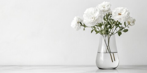 Fototapete - Sophisticated glass vase with white flowers on a marble surface featuring ample negative space for creative text placement
