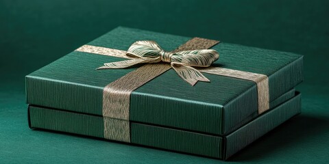 Poster - Elegant green gift box with decorative bow on textured background perfect for special occasions and customizable messaging space