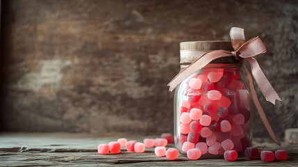 Wall Mural - A rustic setup of a vintage candy jar filled with pink and red gummies, styled with a ribbon