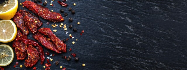 Poster - Dried pork slices with garlic chili and lemon on a black background with empty space for text or design elements.