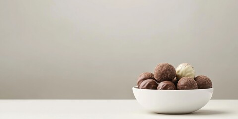 Aufkleber - Luxurious assortment of gourmet chocolate truffles in a white bowl with neutral background for customizable promotional text.