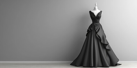 Poster - Elegant evening gown displayed on a chic mannequin with minimalistic background and ample copy space for promotional text or branding.