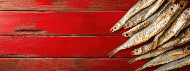 Poster - Dried fish arranged on a wooden table against a vibrant red backdrop providing ample space for text or branding purposes