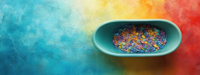 Leinwandbilder - Dried colorful grains in a vibrant bathtub on a gradient background with ample empty space for text or design elements.